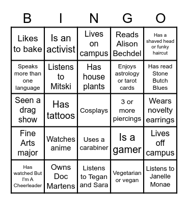 Sapphic Get To Know You College Bingo Card