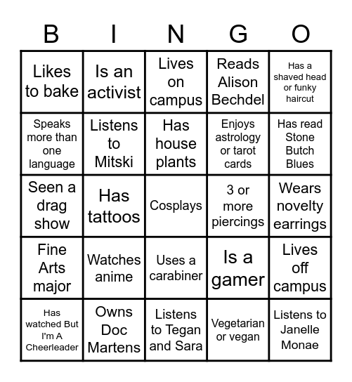 Sapphic Get To Know You College Bingo Card