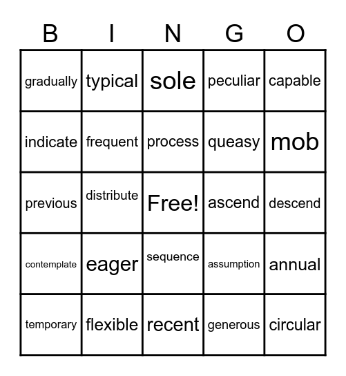 Vocabulary Unit 1 Bingo Card