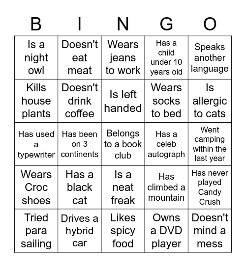 Ice Breaker Bingo Card