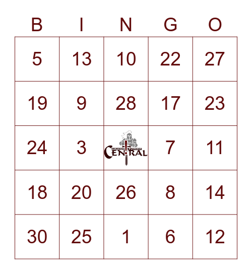Numéros 0 - 30 (Allez les Knights!) Bingo Card