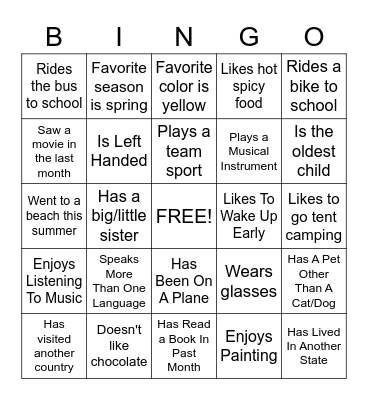 Getting To Know You Bingo Card