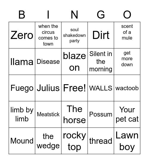 Phish Dicks Bingo Card