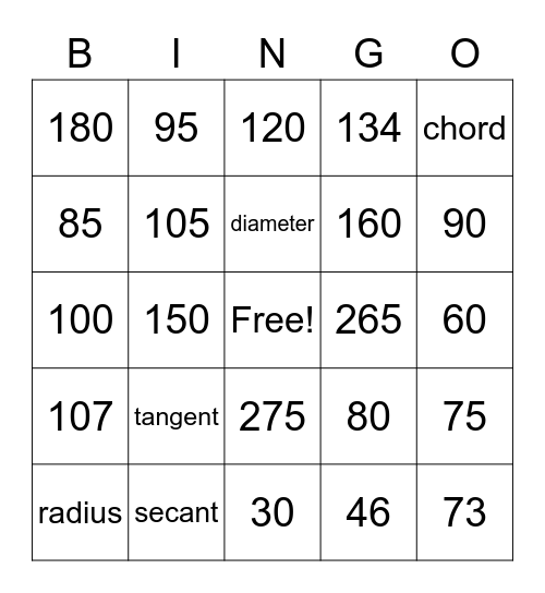 Circles: Angles & Arc Measures Bingo Card