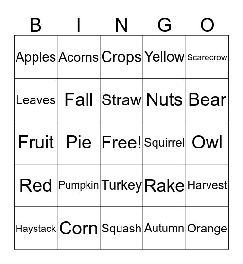 Harvest Bingo Card