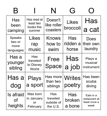 Getting to Know You! Bingo Card