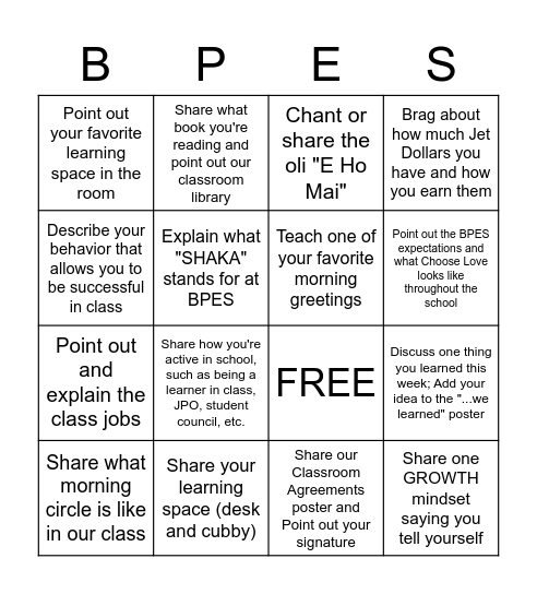 Rm. 28 Open House Bingo Card