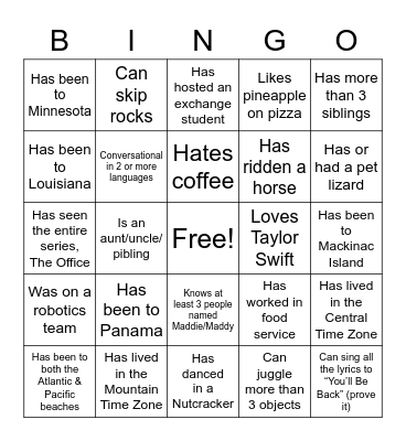 Get to know you Bingo Card