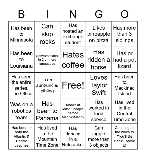 Get to know you Bingo Card
