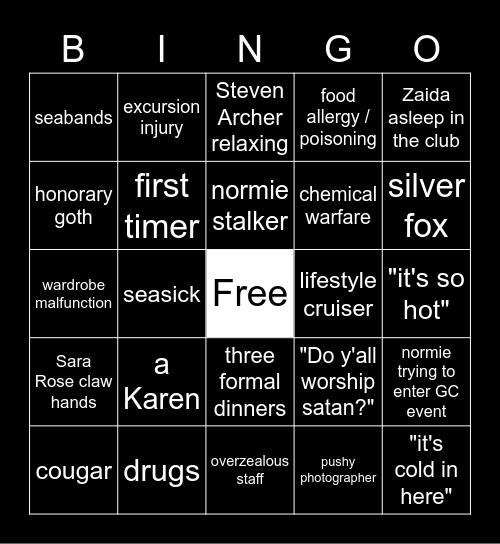 Gothic Cruise Bingo Card