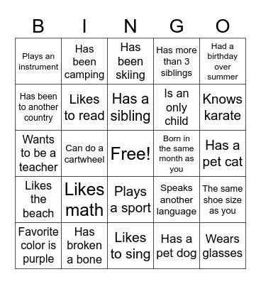 Welcome Back Bingo Card