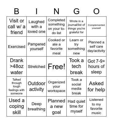 Self Care Bingo Card