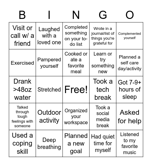 Self Care Bingo Card