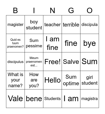 Making Friends Latin Bingo Card