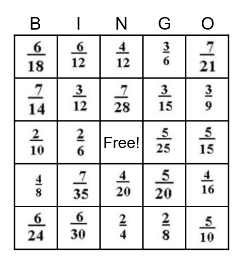 Fractions Bingo Card