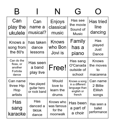 Music and Dance Get to know you! Bingo Card