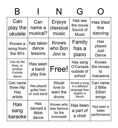 Music and Dance Get to know you! Bingo Card