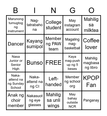 Youth Reception Bingo Card