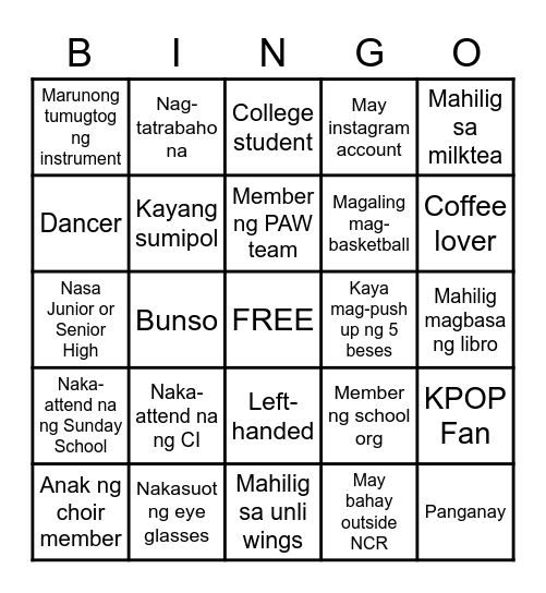 Youth Reception Bingo Card