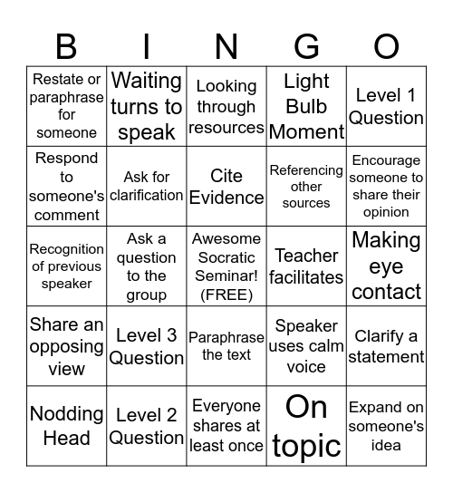 Socratic Seminar Bingo Card