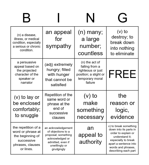 Vocabulary Week 2 Bingo Card