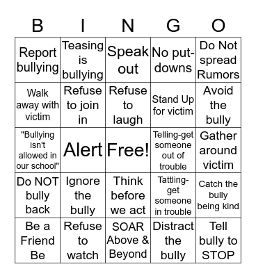 STOP Bullying Bingo Card