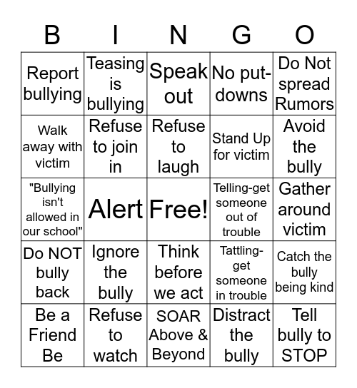 STOP Bullying Bingo Card