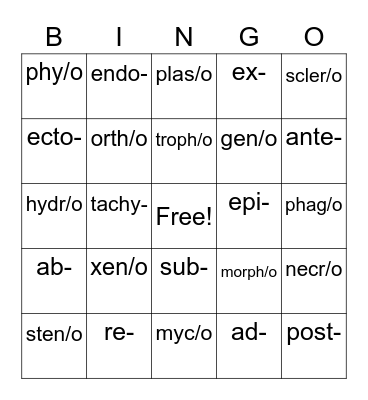 Medical terminology Bingo Card