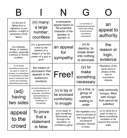 Vocabulary Week 2 Bingo Card