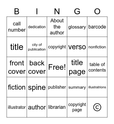 Parts of a Book Bingo Card