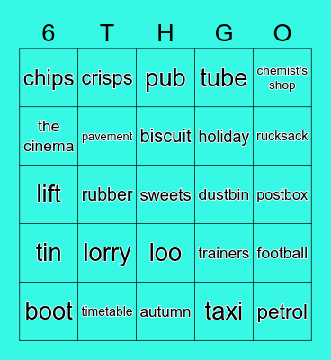 American vs.British English Bingo Card
