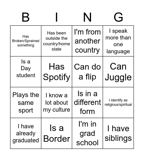 Identity Bingo Card