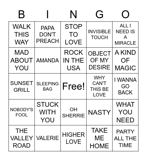 ELKS 80'S HITS Bingo Card