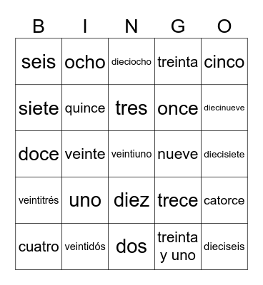 Números:  1-31 Bingo Card