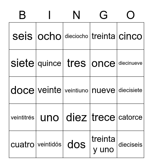 Números:  1-31 Bingo Card