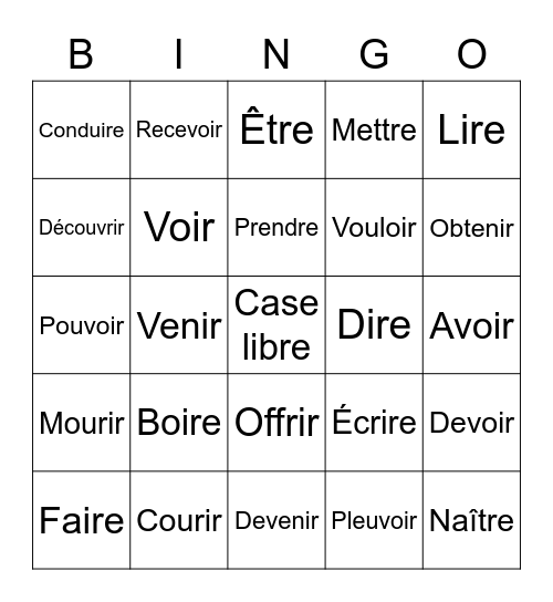 Le passé composé – participes passes irréguliers Bingo Card