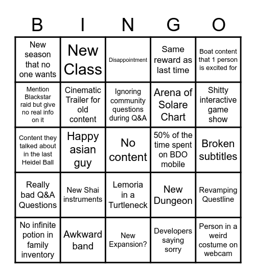 BDO Heidel Ball Bingo Card Bingo Card