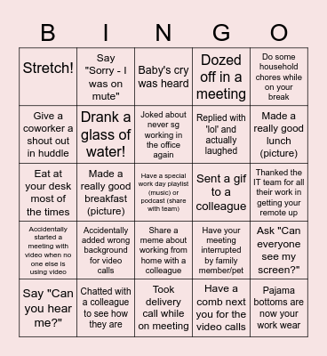 Remote Work Bingo Card