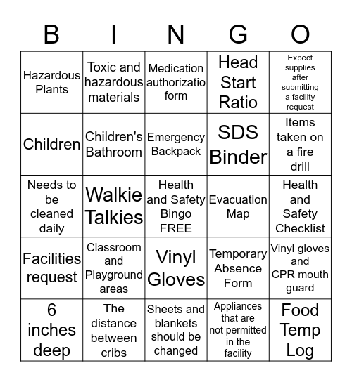 HEALTH AND SAFETY Bingo Card