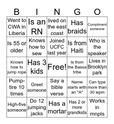 UCFC Women's Ministry -Icebreaker Bingo Card