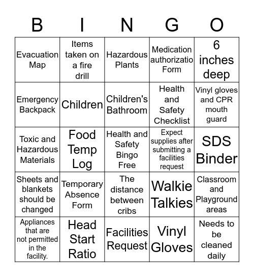 HEALTH AND SAFETY Bingo Card