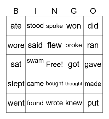 Irregular Verbs Bingo Card