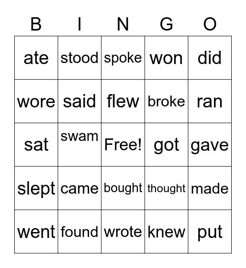 Irregular Verbs Bingo Card