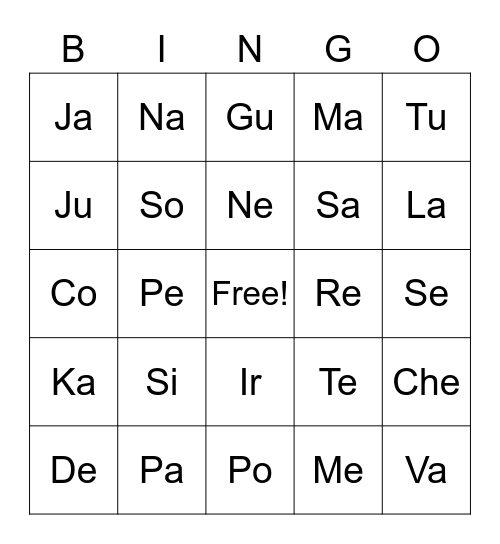 Bingo Silabas en Español Bingo Card