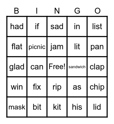 Short a and i BINGO! Bingo Card