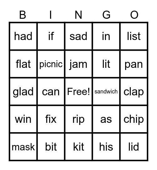Short a and i BINGO! Bingo Card