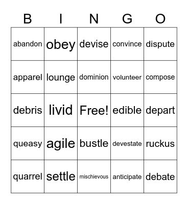 Vocabulary Bingo Card