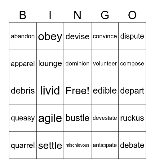 Vocabulary Bingo Card