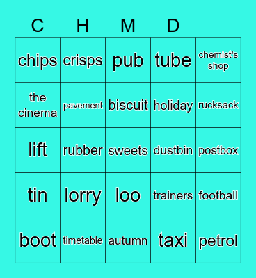 American vs.British English Bingo Card