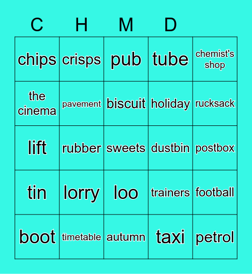 American vs.British English Bingo Card